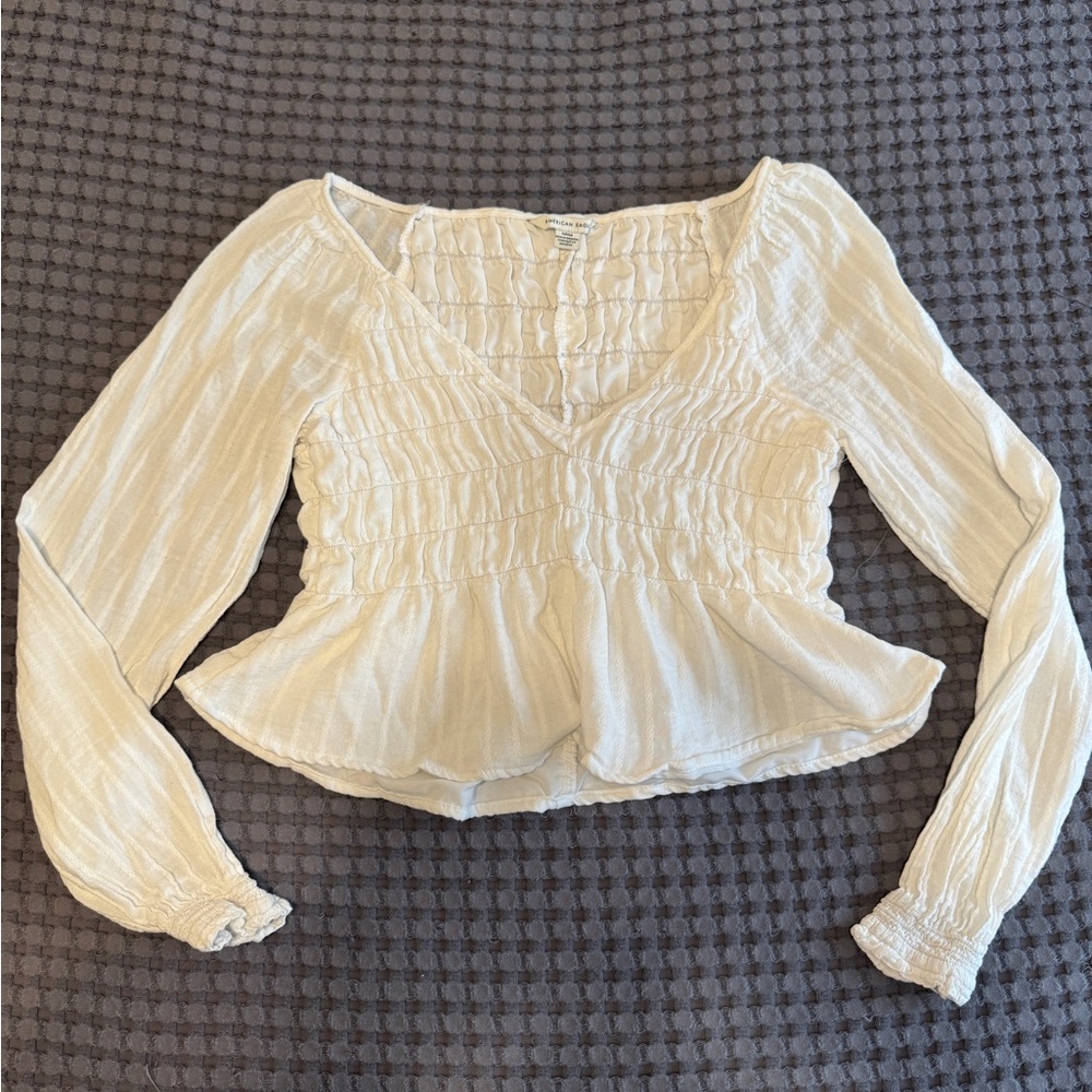 American Eagle Smocked Babydoll Crop Top White